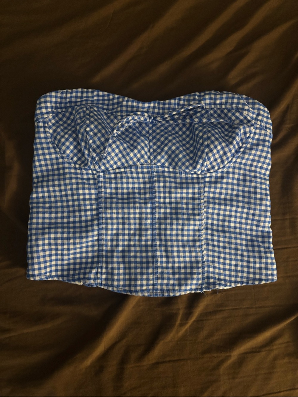 Blue Gingham Strapless Bustier Top